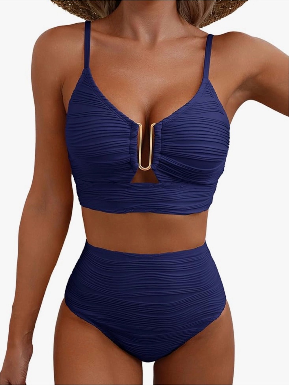 Navy Textured High-Waist Bikini Set - Women's Swim